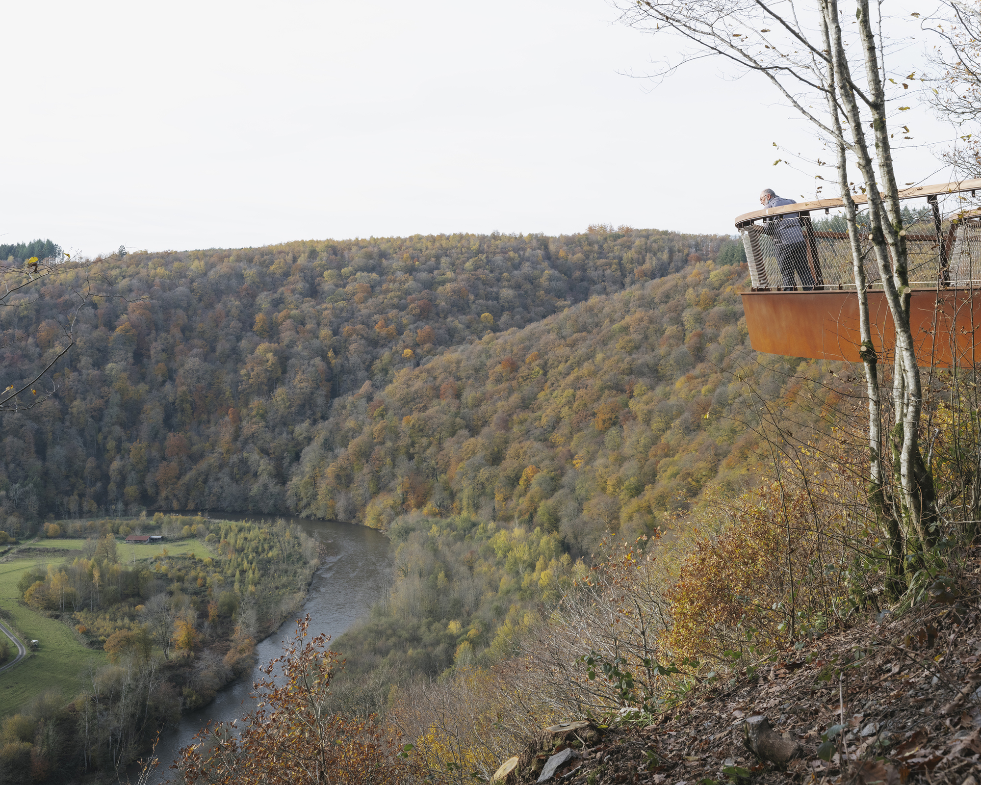 Wide view of the lookout over the meandering Semois river in autumn