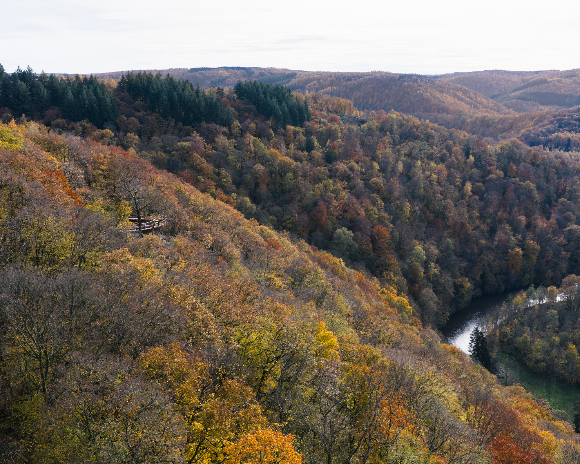 Long valley view with the cantilevered tip of the lookout barely visible on the slope