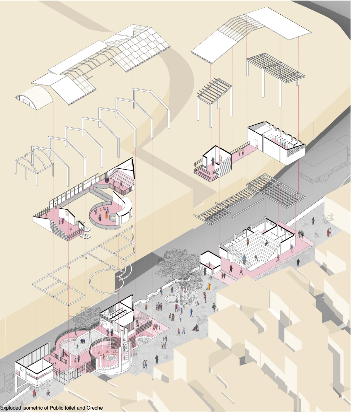 Exploded isometric of neighborhood node integrating public toilet and creche within a flexible community framework