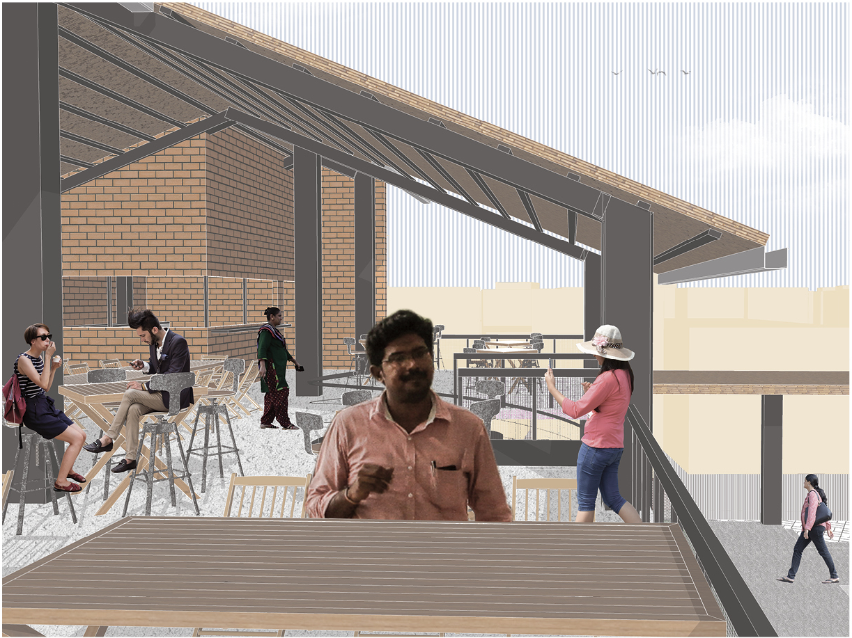 Semi-open cafe terrace designed as a social bridge between formal and informal urban contexts