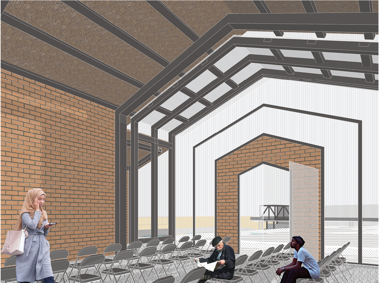 Interior view of multipurpose hall with adaptable seating and exposed structural system
