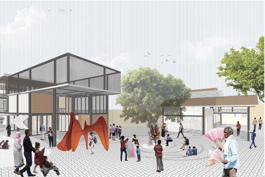 Community courtyard activating public life through shared space, landscape, and informal gathering 
