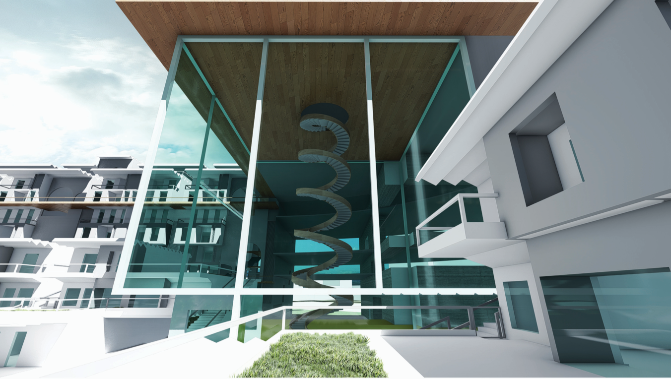 Glass atrium with sculptural spiral staircase connecting adaptive housing levels