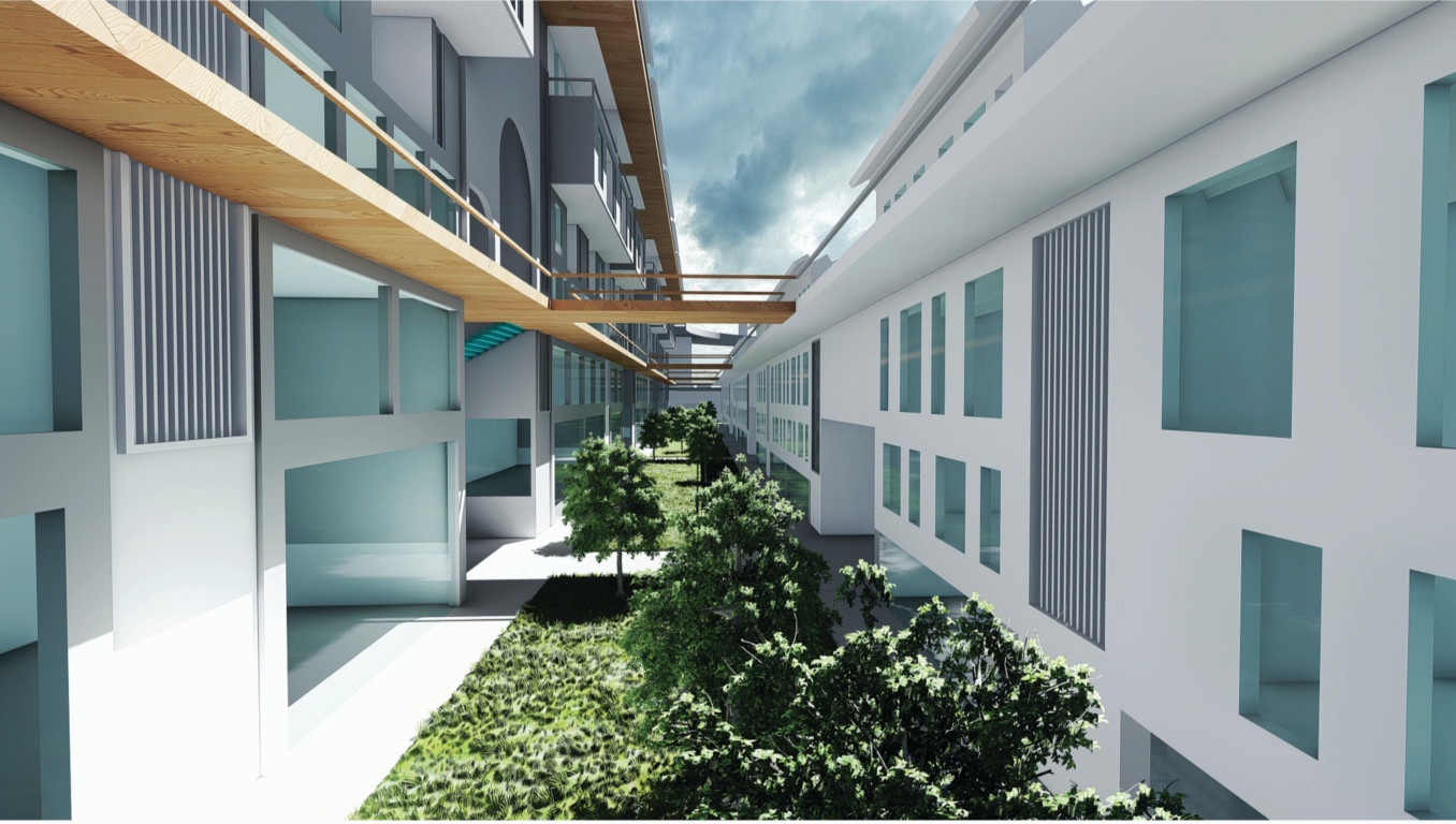 Linear courtyard housing blocks with elevated walkways and shared green spine