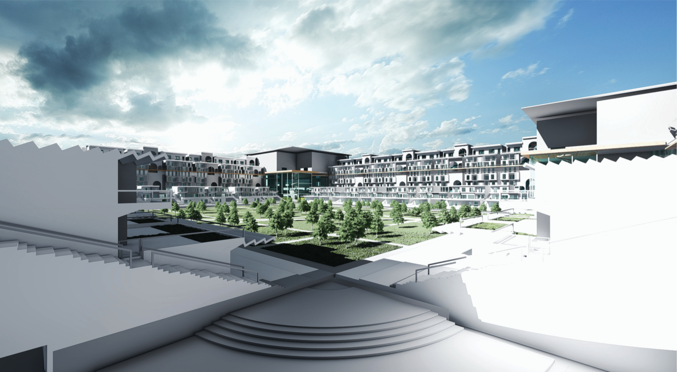 Central community courtyard formed within converted stadium footprint