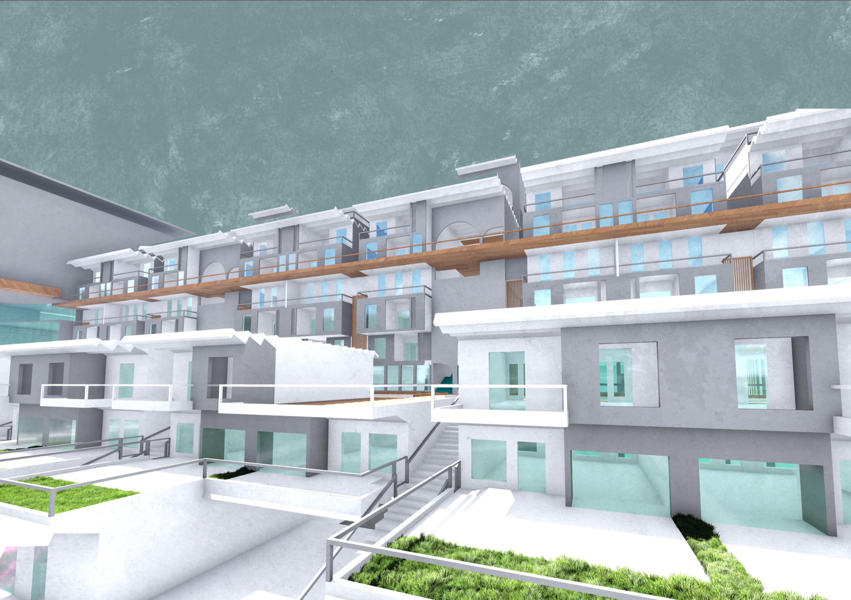 Modular housing elevation derived from reconfigured stadium structure