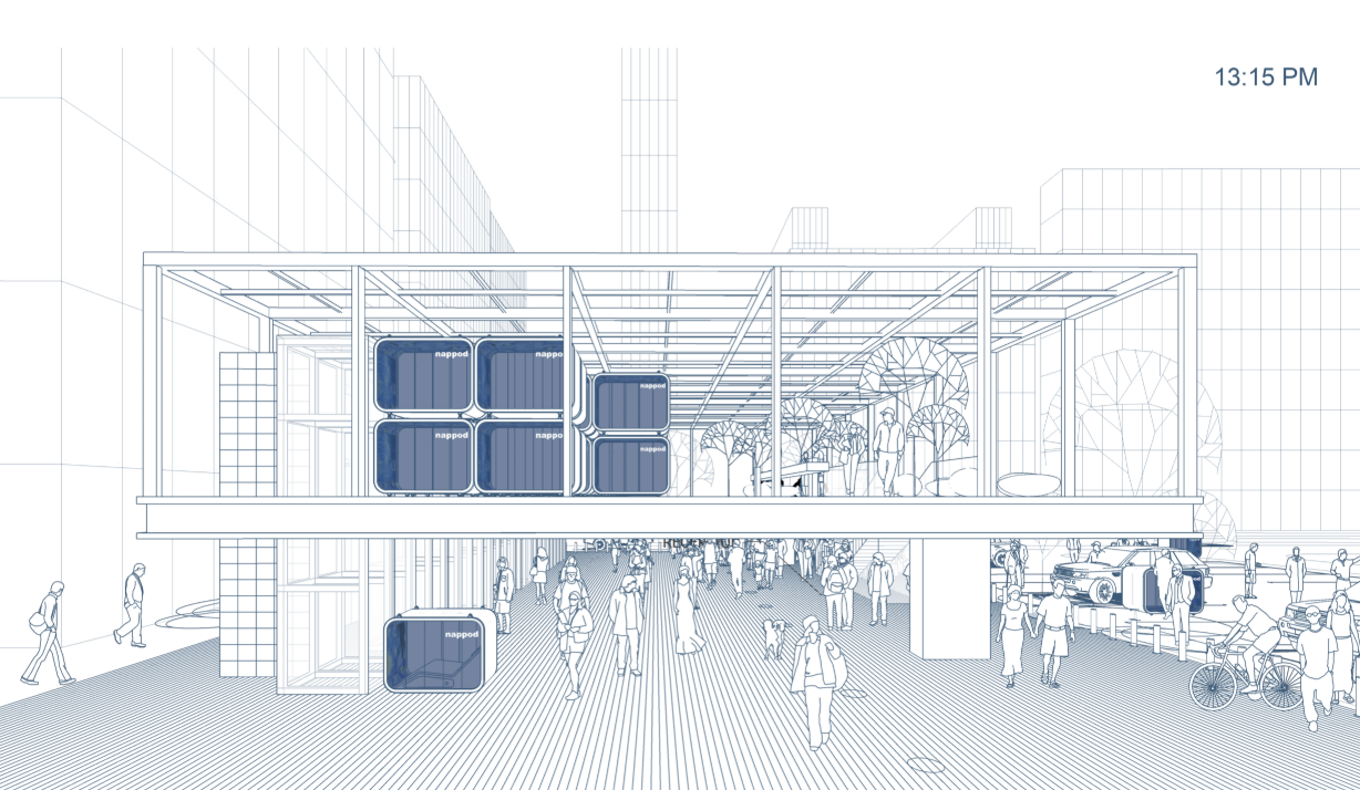 A modular public structure integrating nap pods within an active urban ground plane.