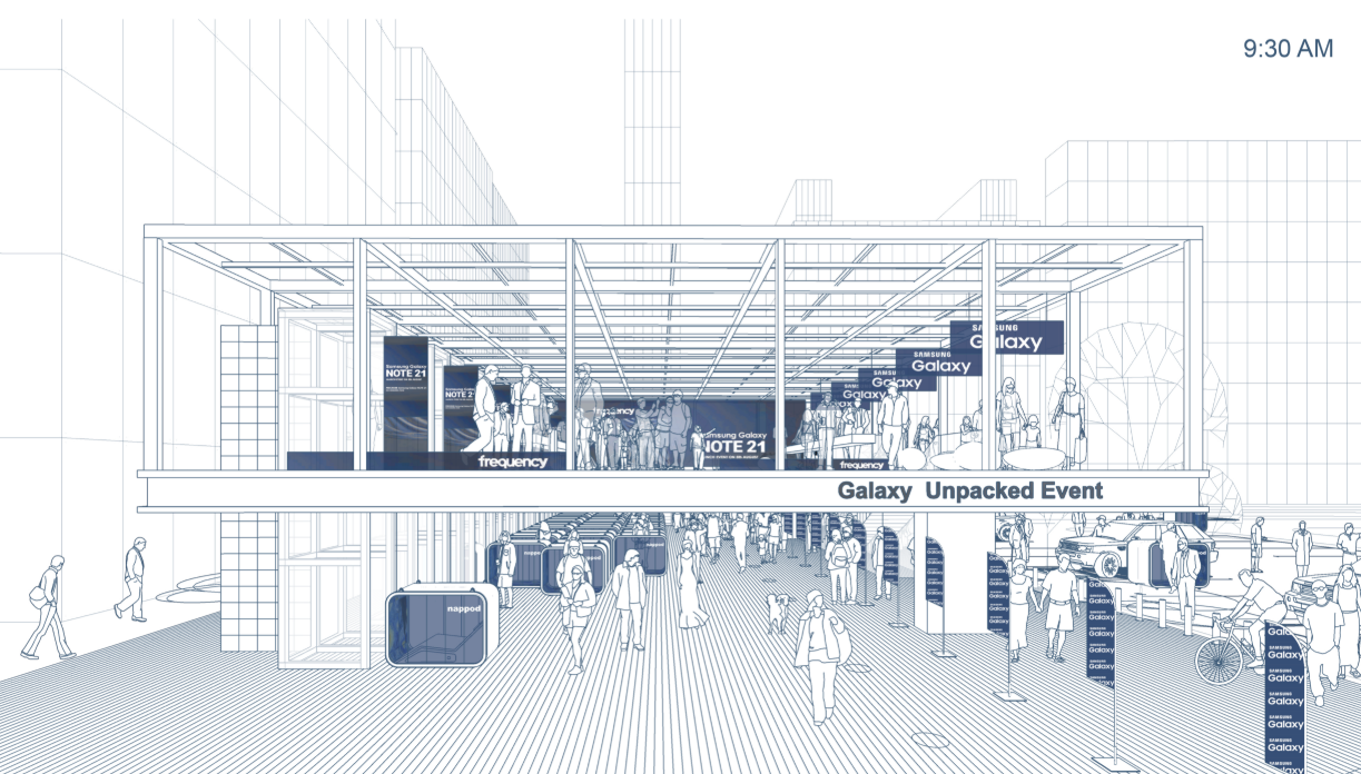 Adaptive architecture transforming into an event-driven public interface during peak hours.