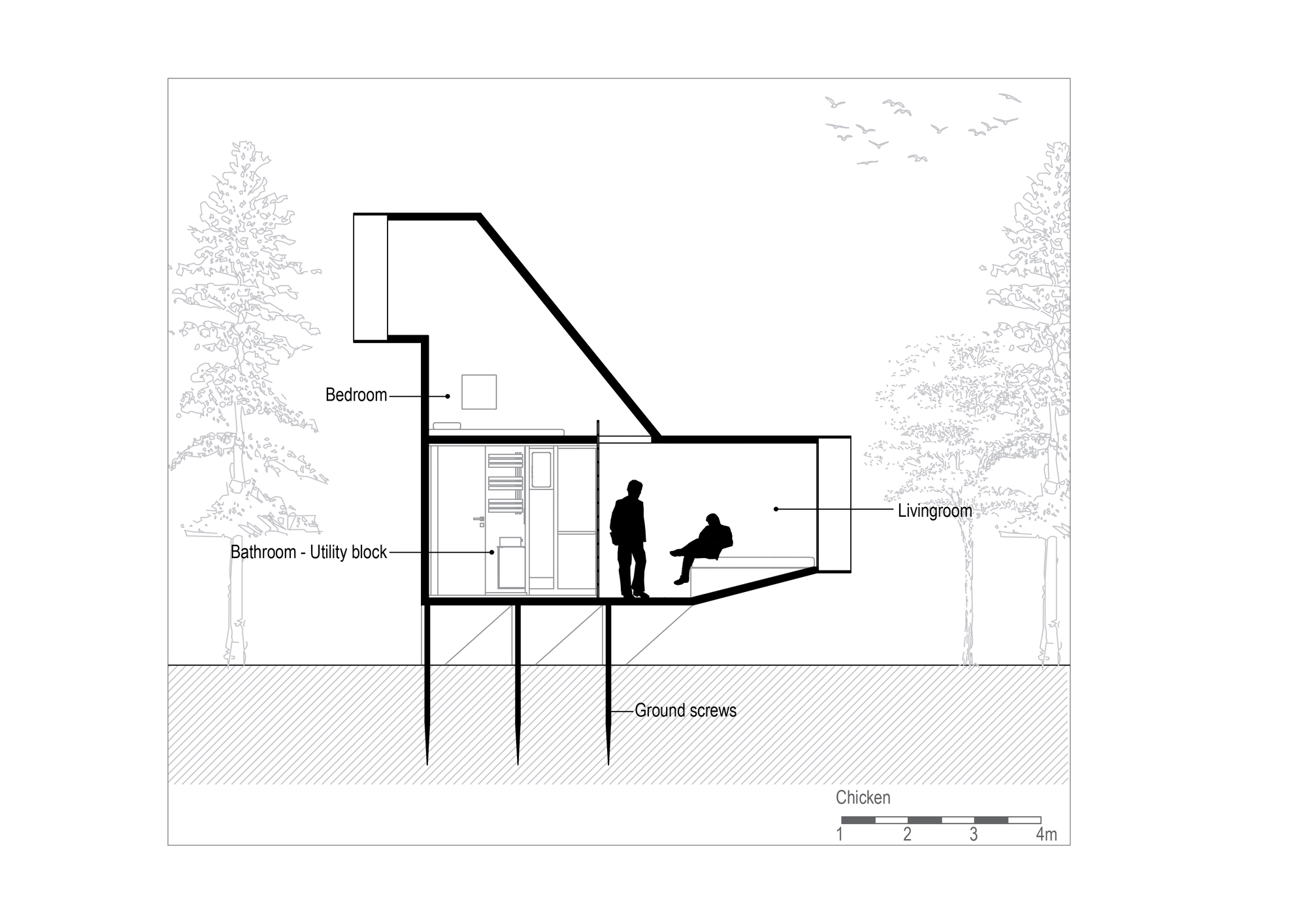Section drawing showing a split-level dwelling elevated on ground screws with bedroom above and living room below