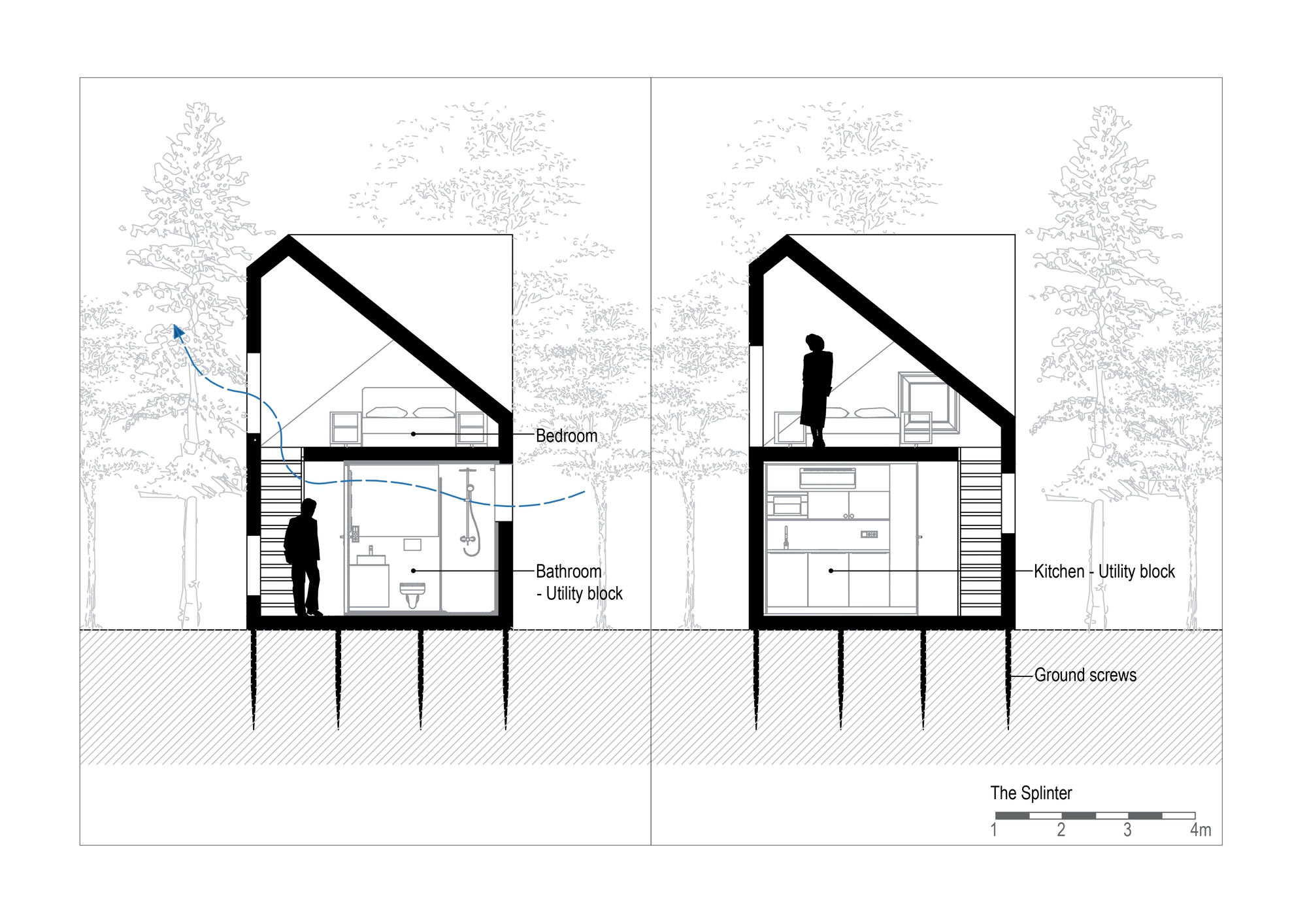 Section drawing depicting two mirrored dwelling units on piloti with angled roofs and human figures for scale