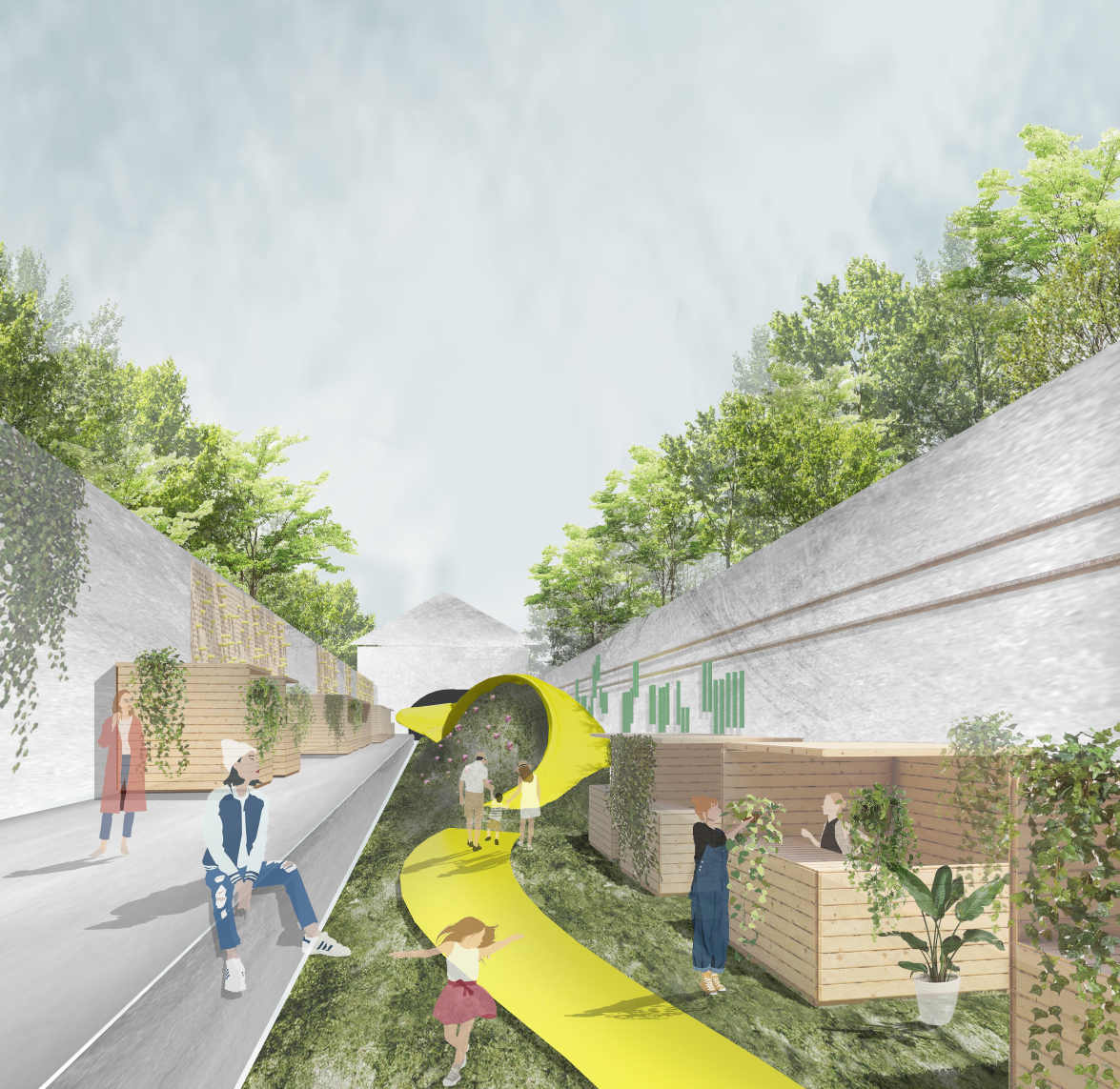 A serpentine parametric installation transforms a linear corridor into an interactive, community-driven public space.