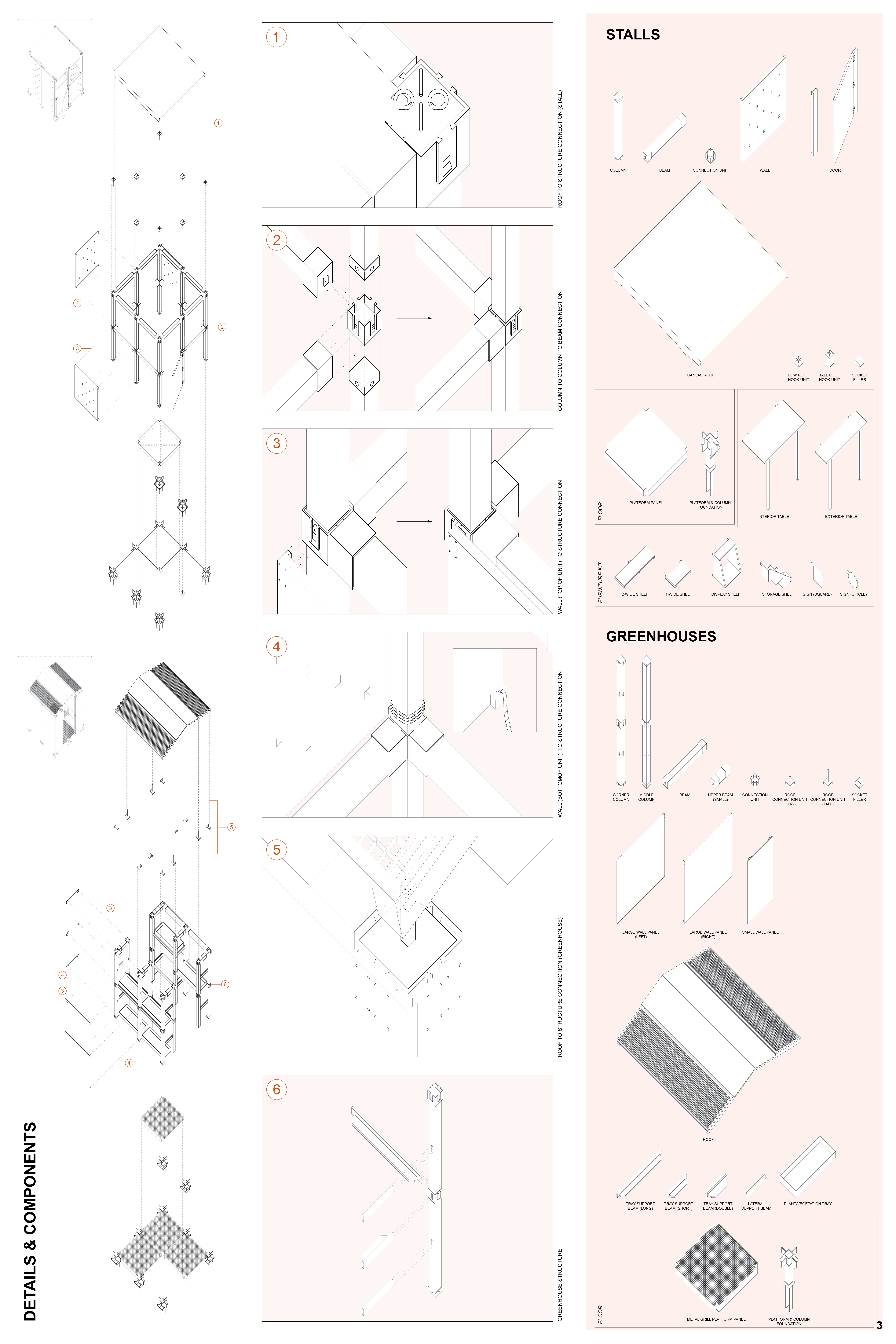 Detailed kit-of-parts system illustrating modular construction logic for adaptable market stalls and greenhouse structures.
