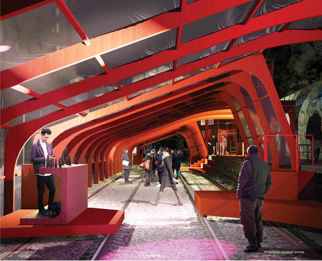 Seasonal adaptability transforms the space into a sheltered, climate-responsive public environment