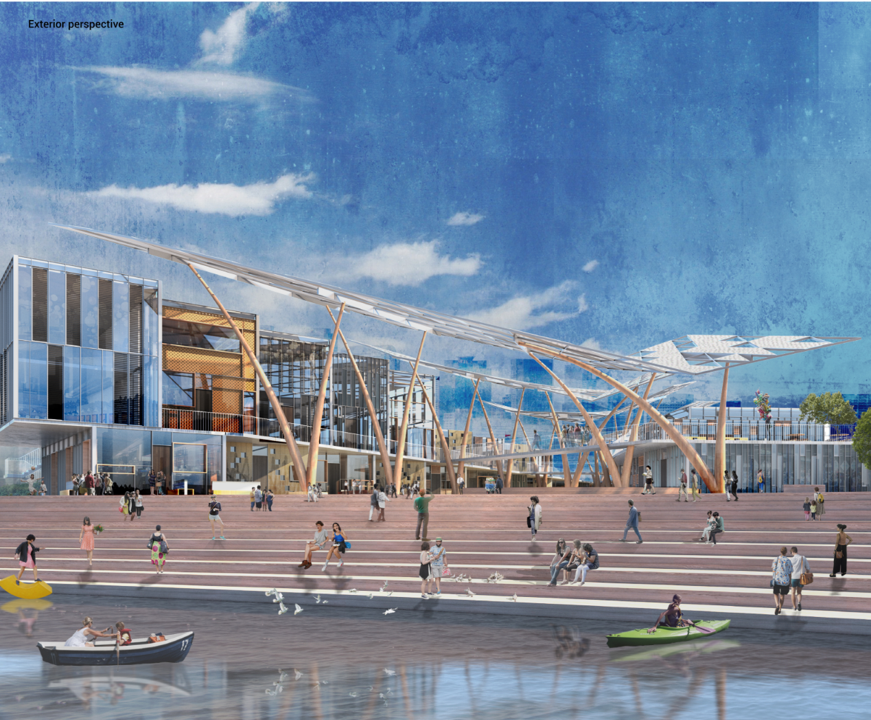 Riverfront food market plaza integrating public terraces, waterfront steps, and vibrant urban activity.