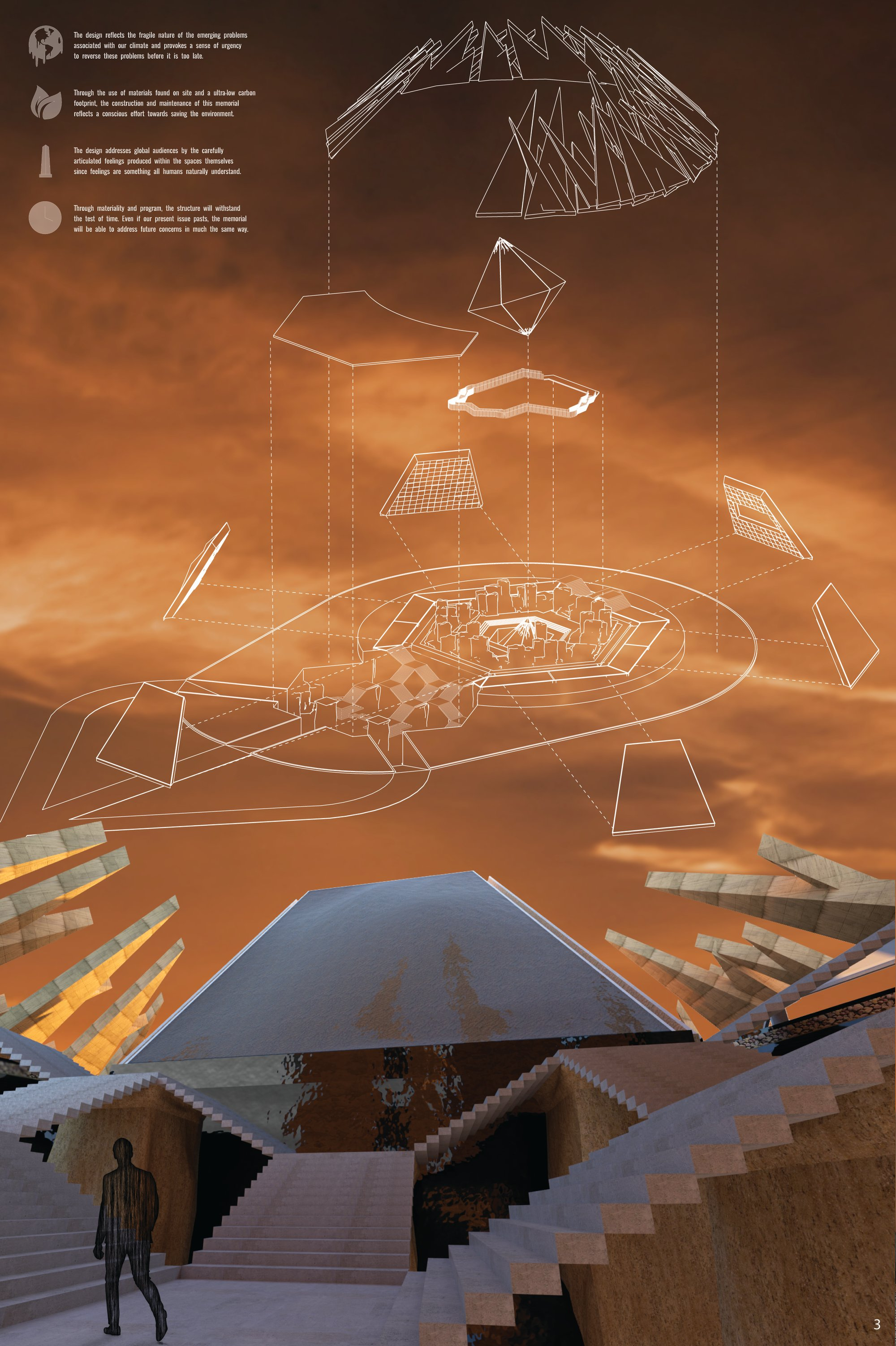 Exploded axonometric illustrating the spatial hierarchy and environmental logic of the memorial.