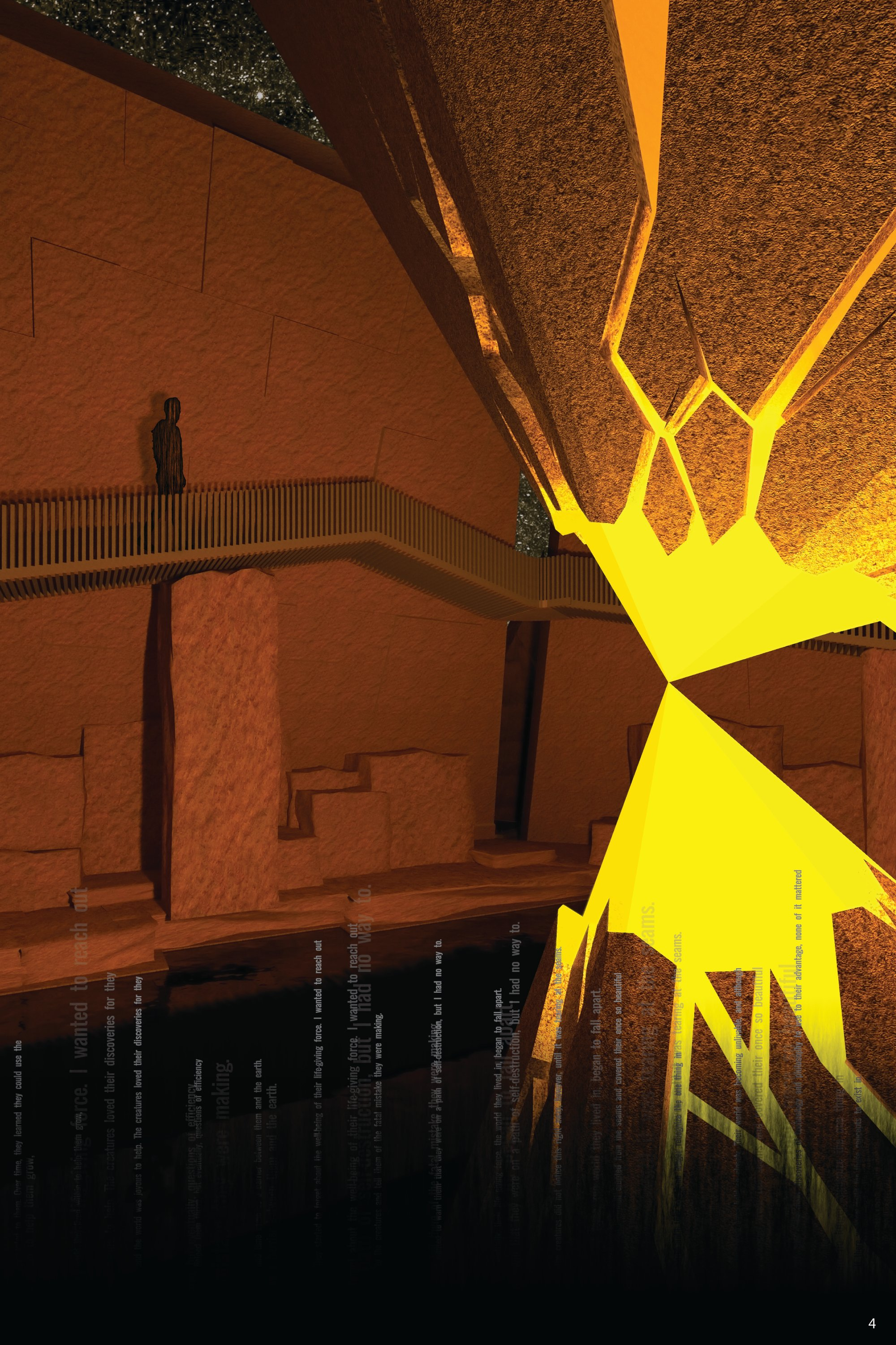 Interior chamber activated by light fractures, symbolizing urgency, rupture, and climatic tension.