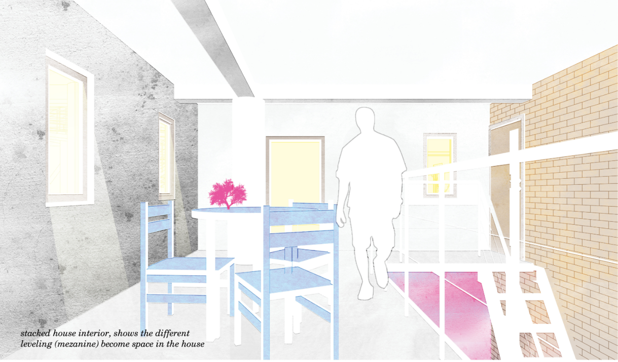 Stacked housing interior with mezzanine levels creating flexible living spaces within compact kampong homes.