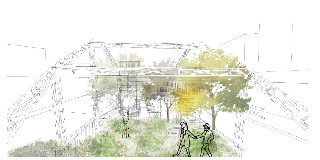 A traveling garden emerges within the structure, blending nature and architecture into an immersive public experience.