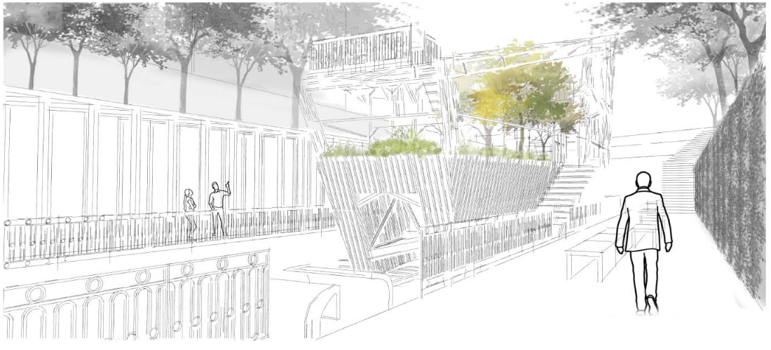Elevated pathways and adaptable modules create layered interactions between movement, landscape, and community.
