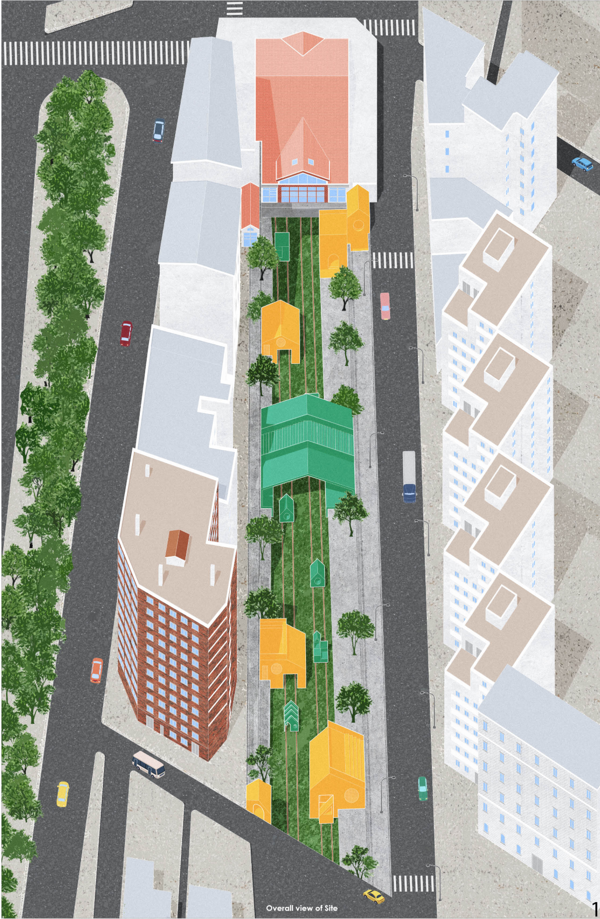 Overall site plan illustrating modular interventions along the linear railway corridor, activating the urban void through movement and program.