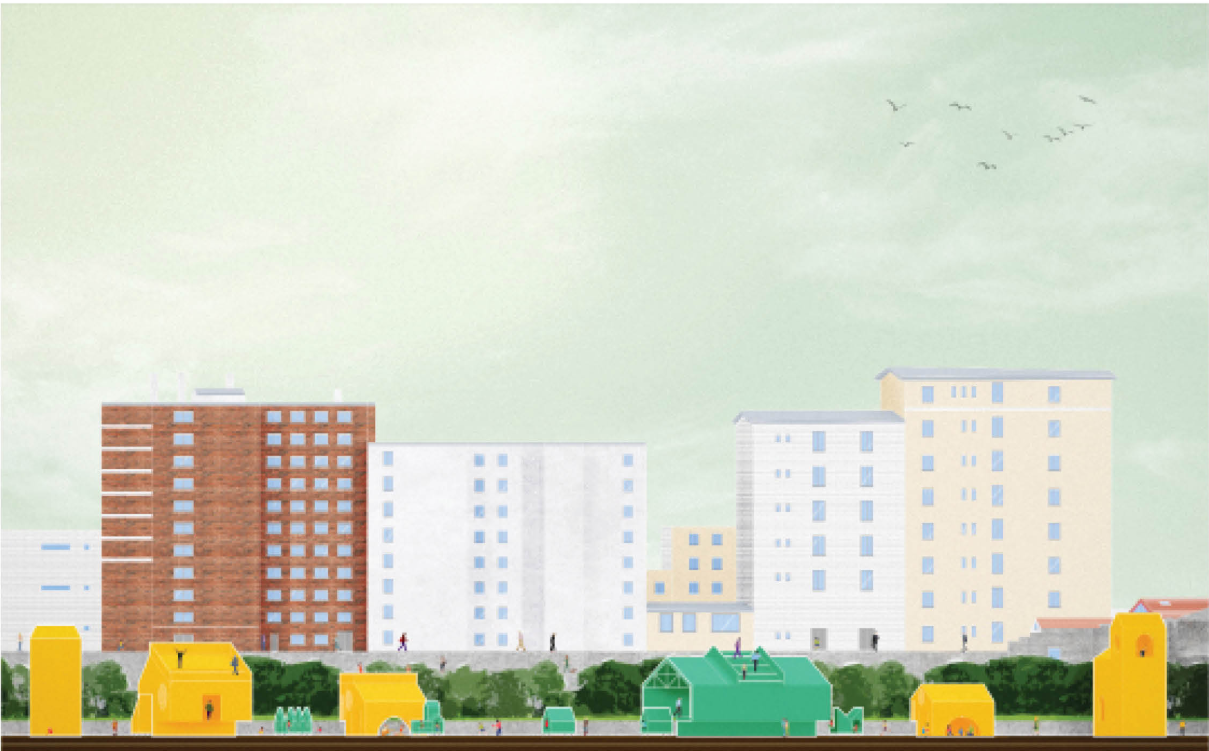 Elevational view highlighting the integration of colorful modular structures within the dense Parisian urban fabric.