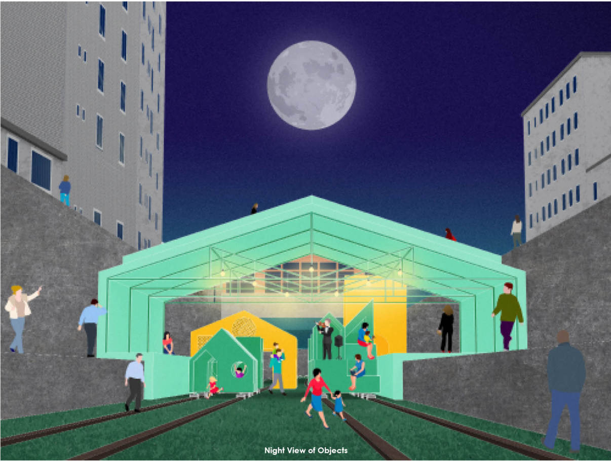 Night-time configuration showing collective gathering under the central structure, transforming the space into a vibrant social hub.