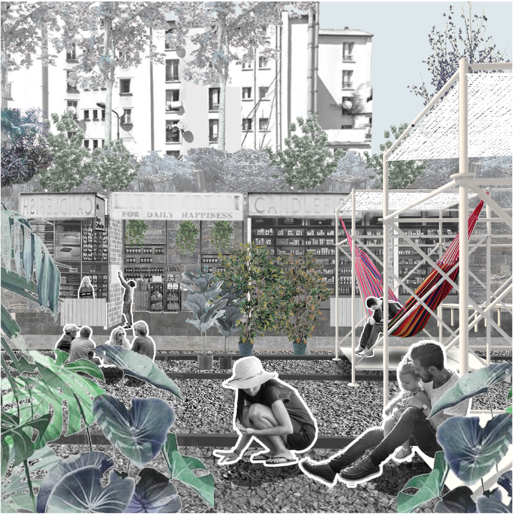Scaffolding structures create flexible marketplaces and social zones within reclaimed infrastructure.