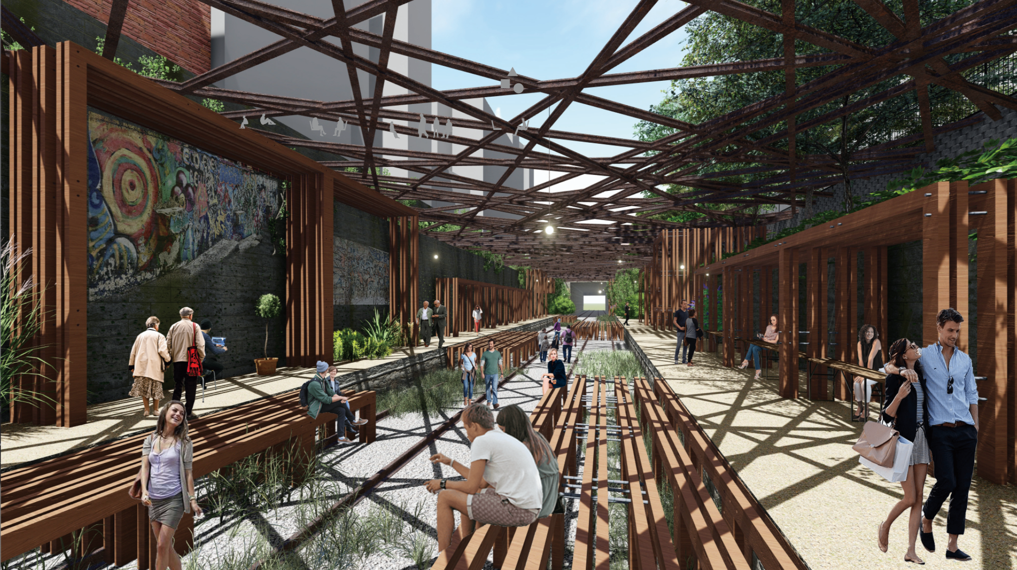 Interior view of the adaptive Tube system activating a linear public corridor beneath the structural net canopy.