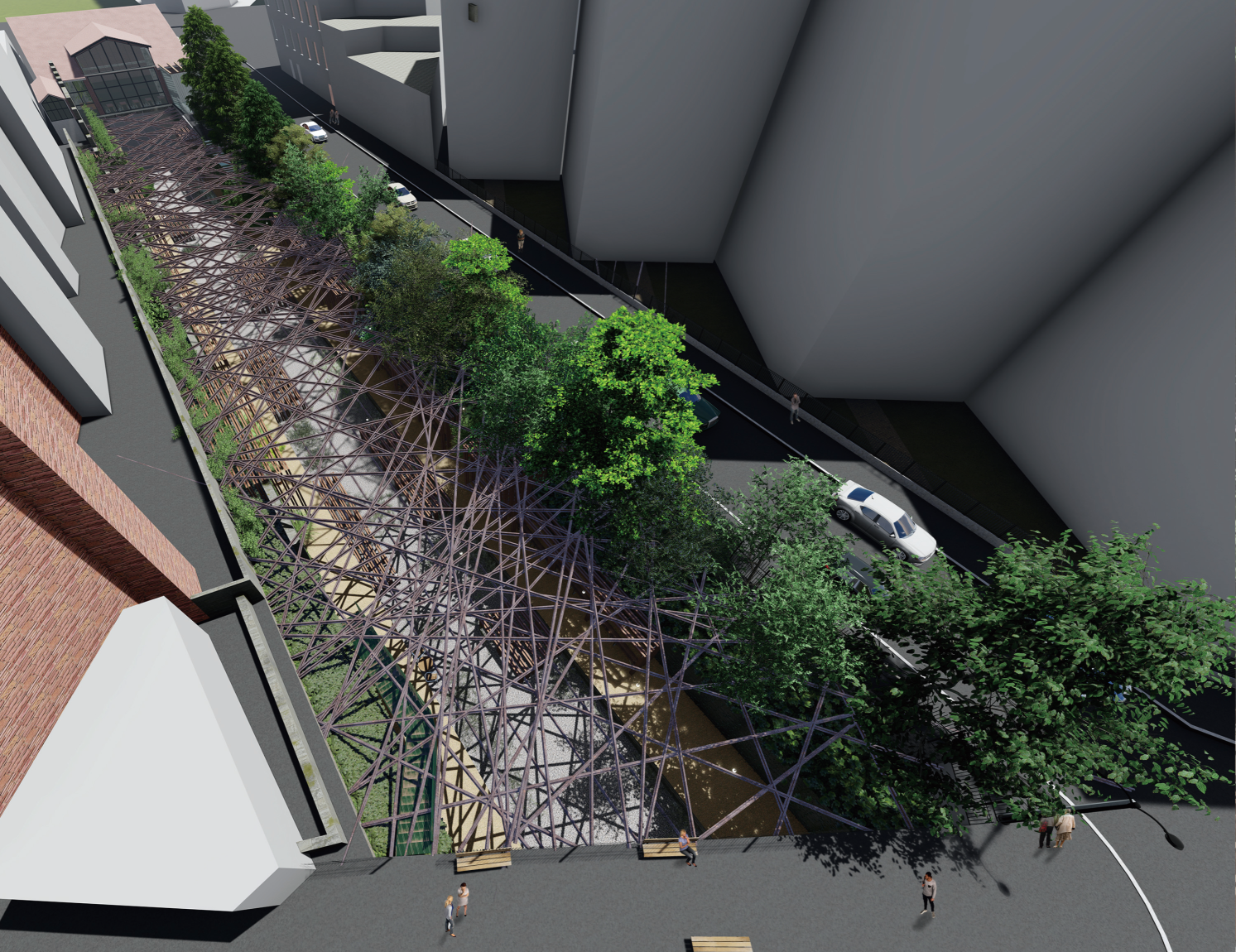 Overhead perspective of the Urban Net structure transforming abandoned rail infrastructure into a green urban spine.