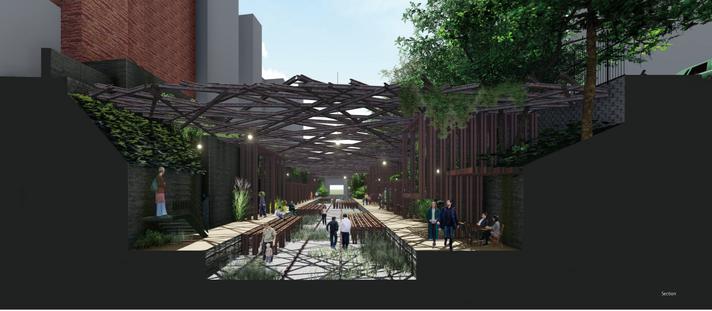 Sectional view illustrating layered spatial experience with modular tubes integrated under a permeable structural framework.