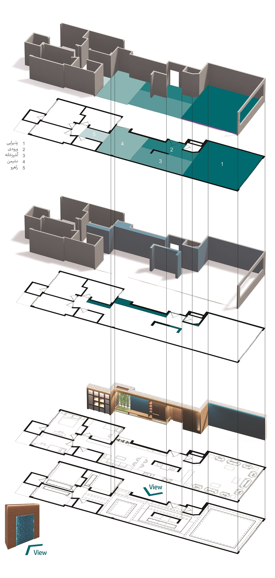 Exploded axonometric reveals the transformation strategy and spatial reconfiguration of the residence.