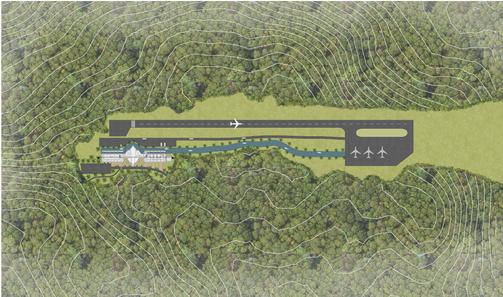 Masterplan illustrating runway alignment, water canal connectivity, and terrain-sensitive airport planning.