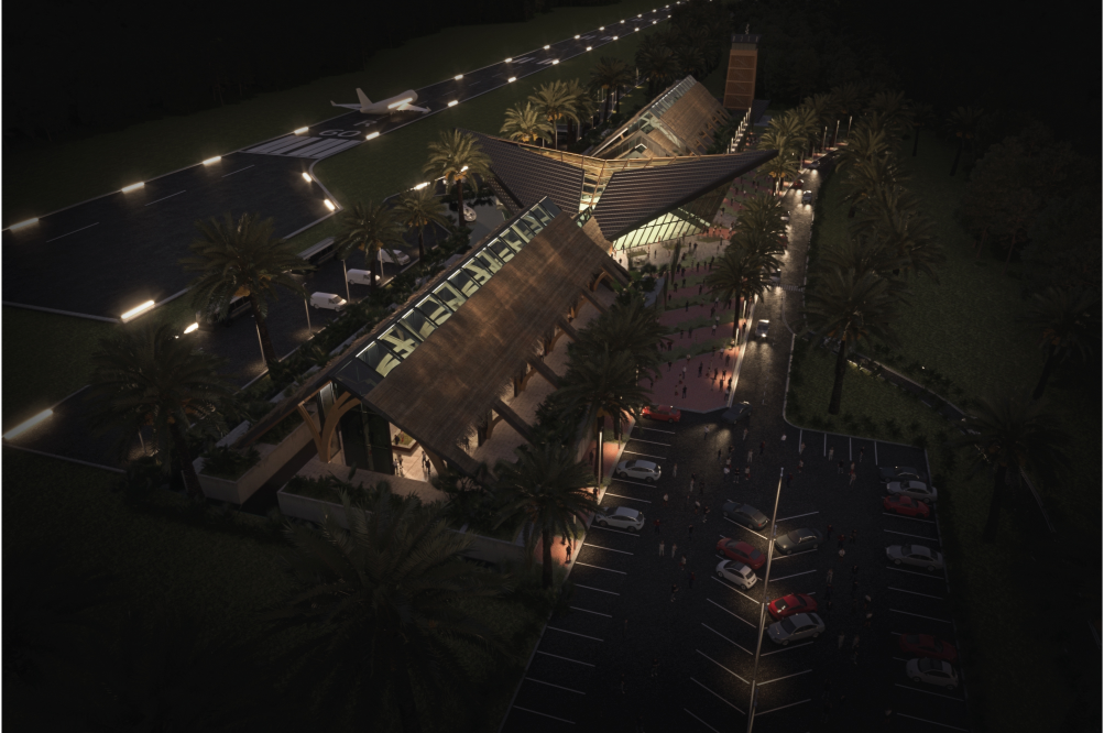 Night view highlighting the airport’s flexible layout and illuminated circulation spine.