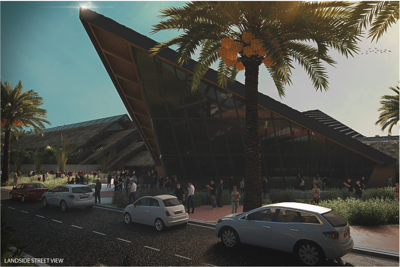 Landside street view showcasing the dynamic roof form and arrival experience rooted in tropical airport architecture.