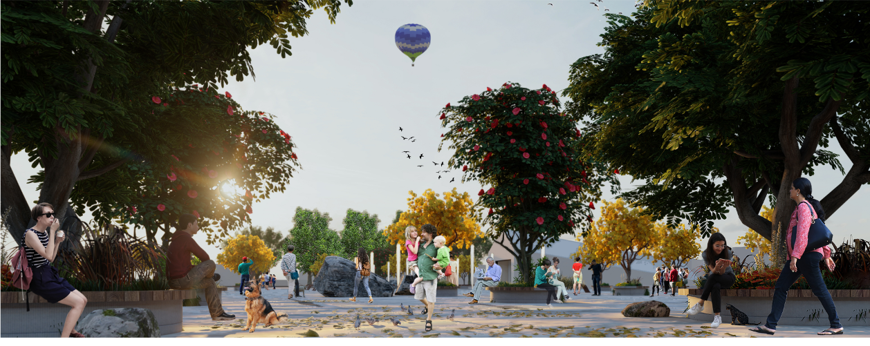 Public plaza within the quarry park where visitors gather beneath flowering trees and open skies, creating a vibrant urban landscape space.