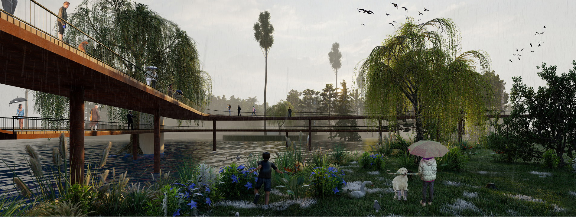 Elevated wetland boardwalk crossing restored water bodies, demonstrating the project’s urban sponge landscape and ecological water management strategy.