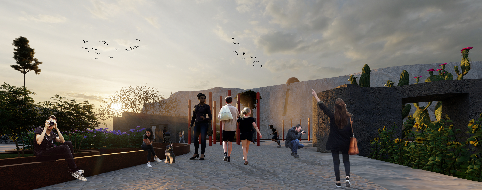 Quarry entrance plaza integrating landscape, rock formations, and public activity as visitors explore the transformed post industrial park.