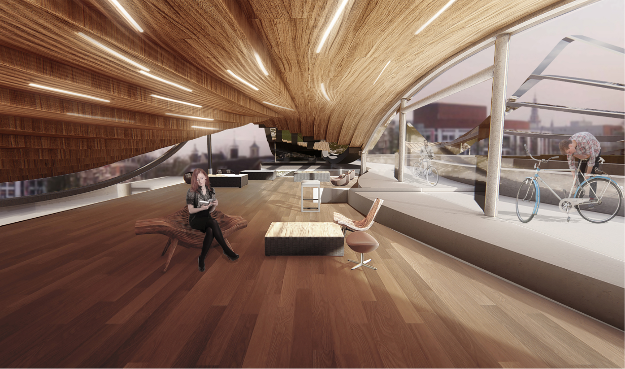 Interior gathering space beneath the bridge featuring sculptural wooden ceilings, lounge seating, and views of cyclists passing through the structure.