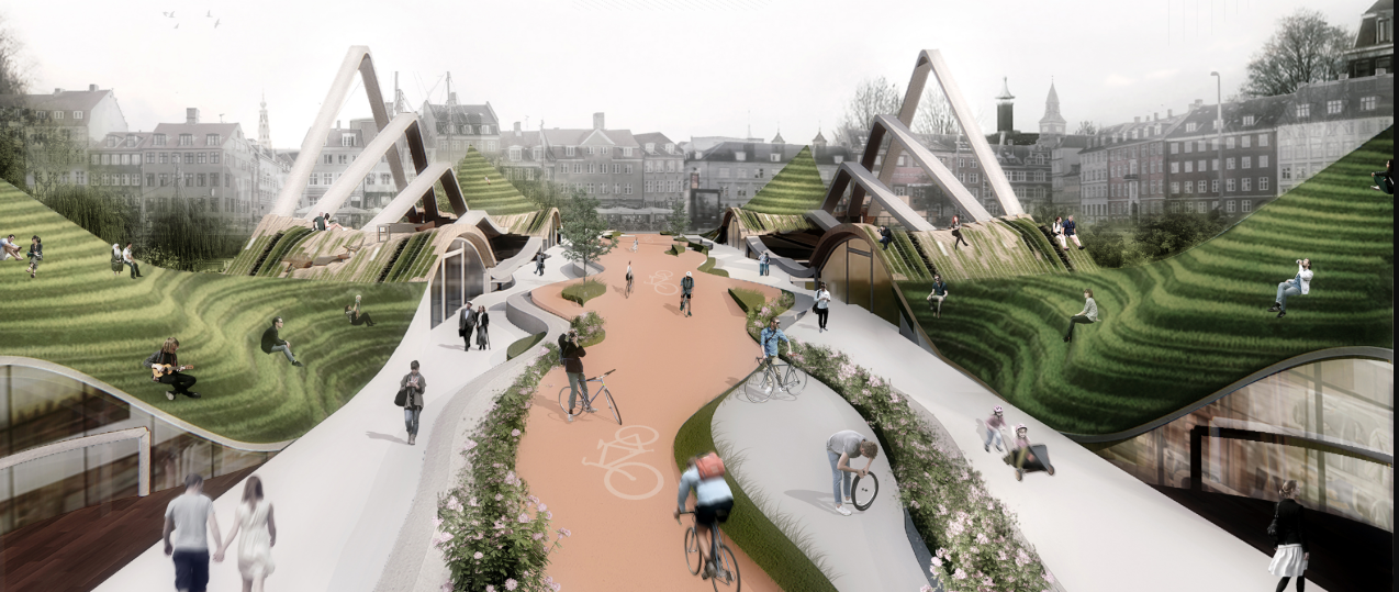Central cycling and pedestrian promenade across the bridge with terraced green hills and social spaces inspired by Viking landscape forms.