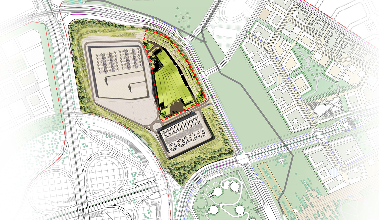 Site plan drawing showing a green-roofed building surrounded by landscaped grounds within an urban context