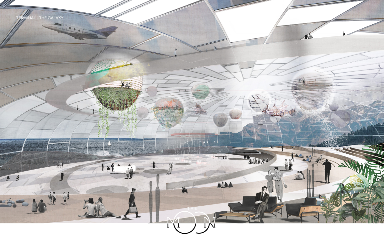 Terminal interior envisioned as a celestial landscape, where structure, light, and suspended ecosystems create an immersive spatial experience.