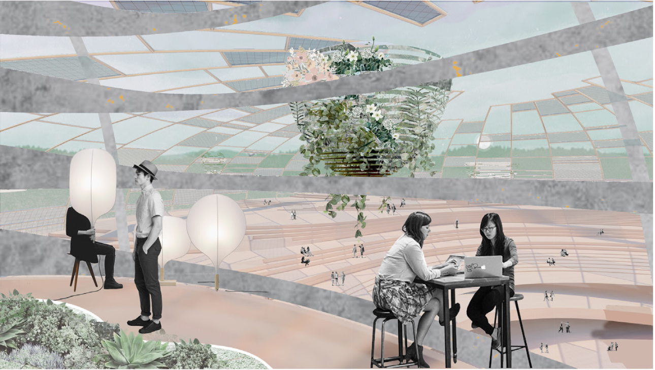 The flying room reimagines waiting as experience, integrating greenery, openness, and social interaction within the terminal.