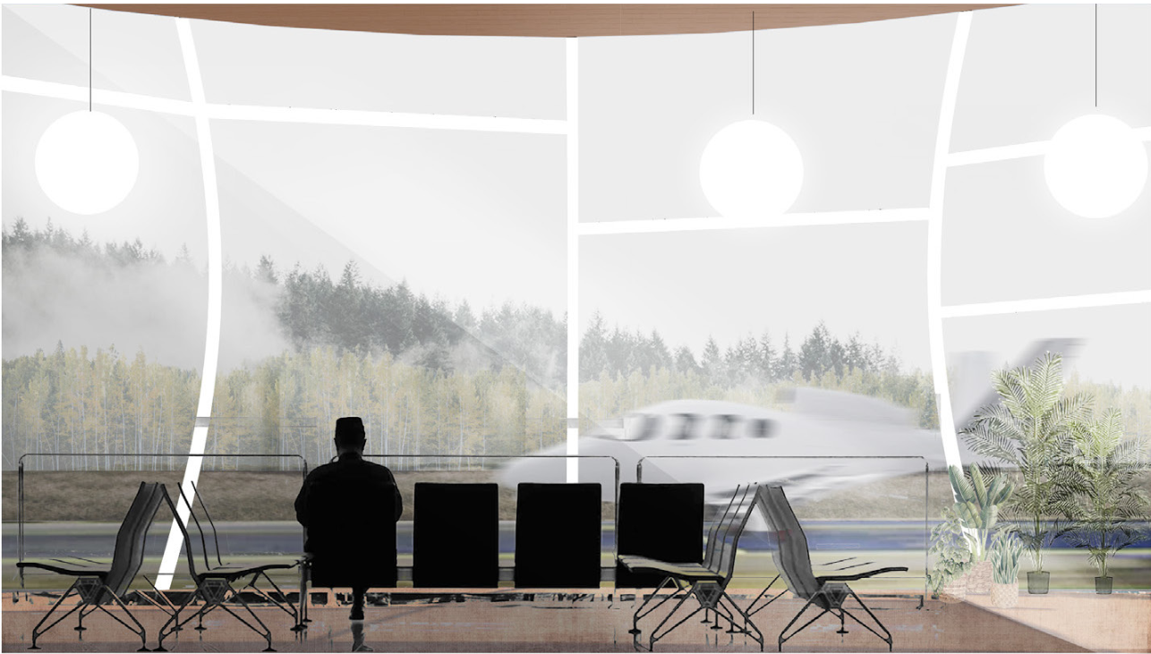 Lounge space offering calm, framed views of the runway, emphasizing stillness within a dynamic travel environment.