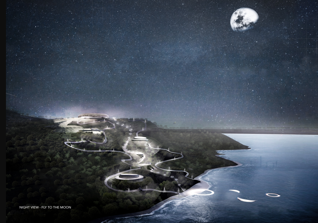 Night view of The Moon, where illuminated pathways connect landscape, architecture, and coastline into a continuous experience.