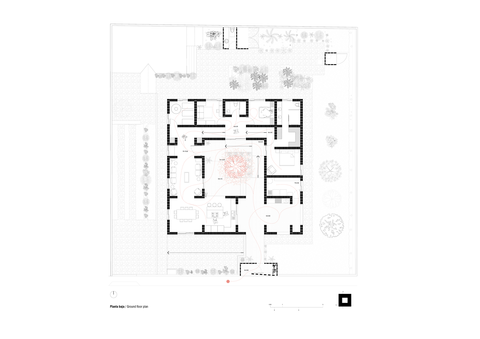 Floor plan drawing showing rooms arranged around a central courtyard with surrounding landscaping