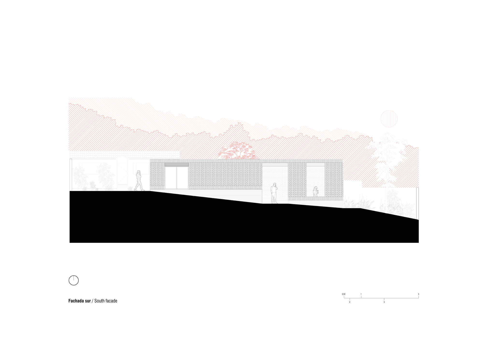 South elevation drawing depicting a single-story volume with rectangular openings against a sloped landscape
