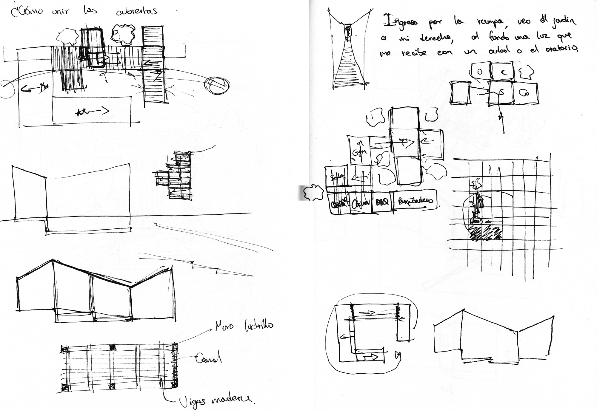 Sketch study sheet showing perspective views, plan layouts, and volumetric diagrams with handwritten annotations