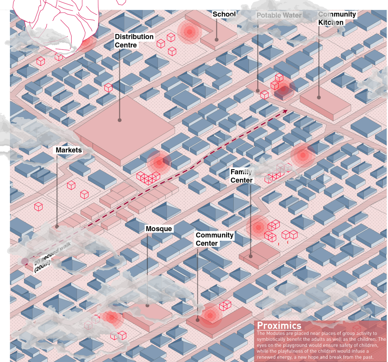 Urban mapping showing modular playground architecture nodes integrated within refugee camp infrastructure