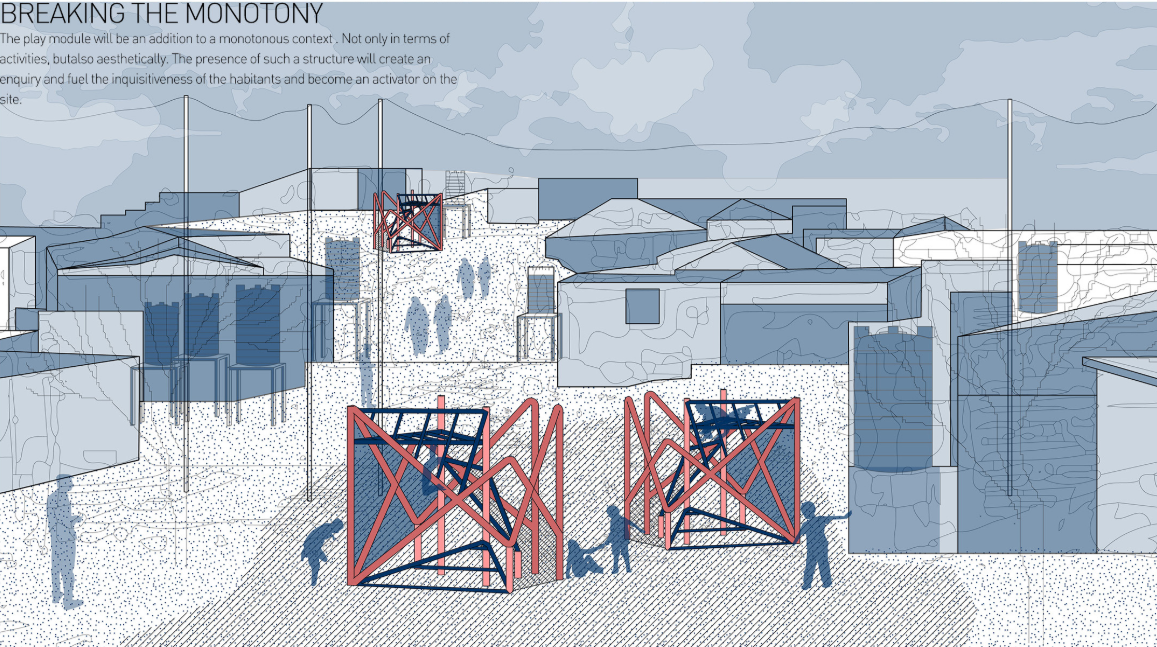 Modular playground architecture breaking spatial monotony within dense refugee settlements