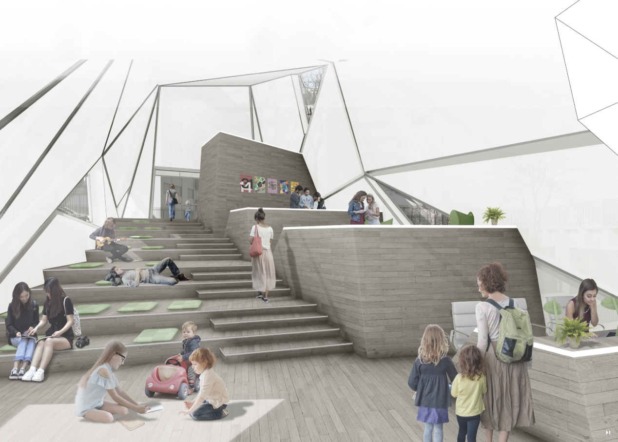  Interior of the modular youth center showcasing stepped seating, flexible gathering spaces, and community interaction.
